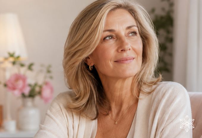 Mulher madura sorrindo em ambiente acolhedor
