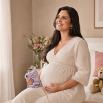 gestante sorrindo com ursinho na cama